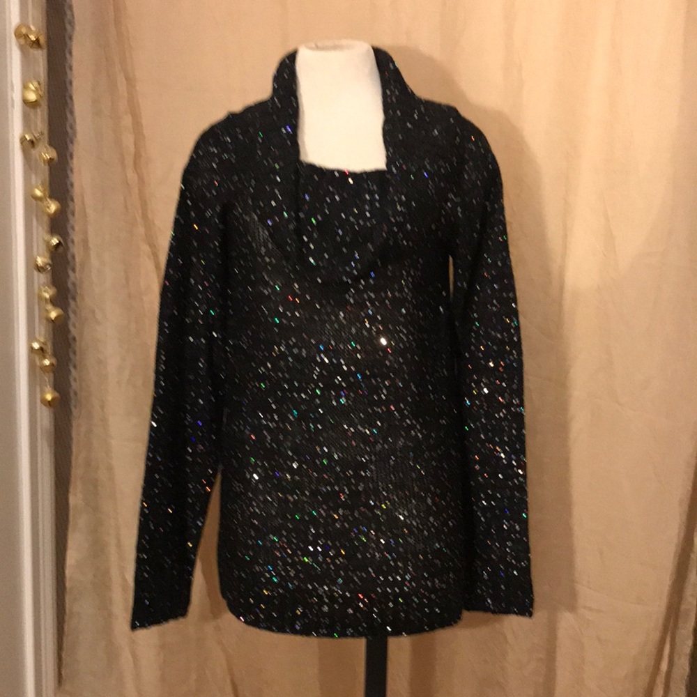 Black Knit Cowl Neck Sweater with Colored Sequins.
